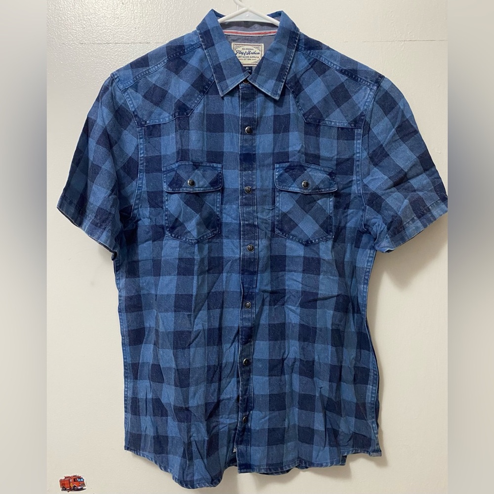 Flag & Anthem Men’s Blue Checkered Short Sleeve Western Button Up Shirt Medium M